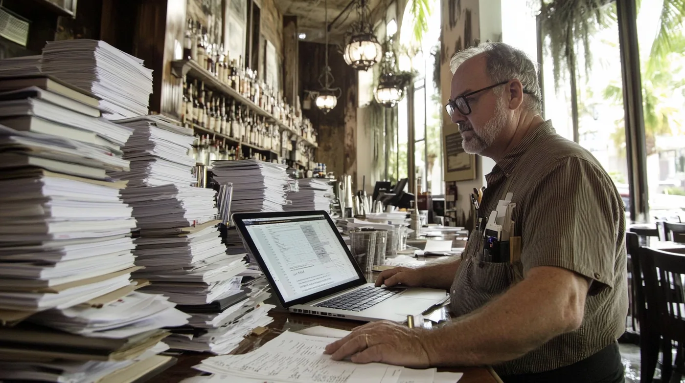 Restaurant owner surrounded by insurance paperwork and laptop at bar counter after storm closure