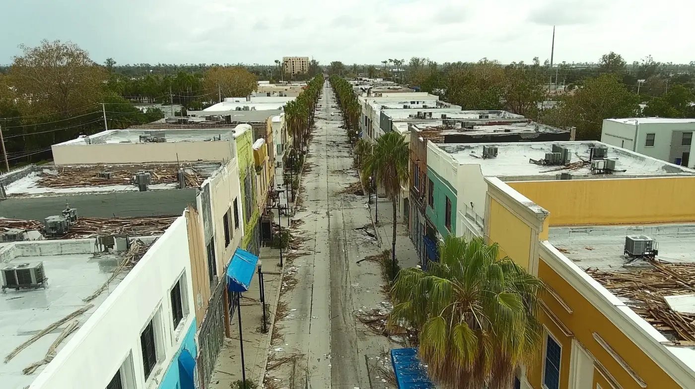 Aerial view of coastal commercial district showing documented storm damage