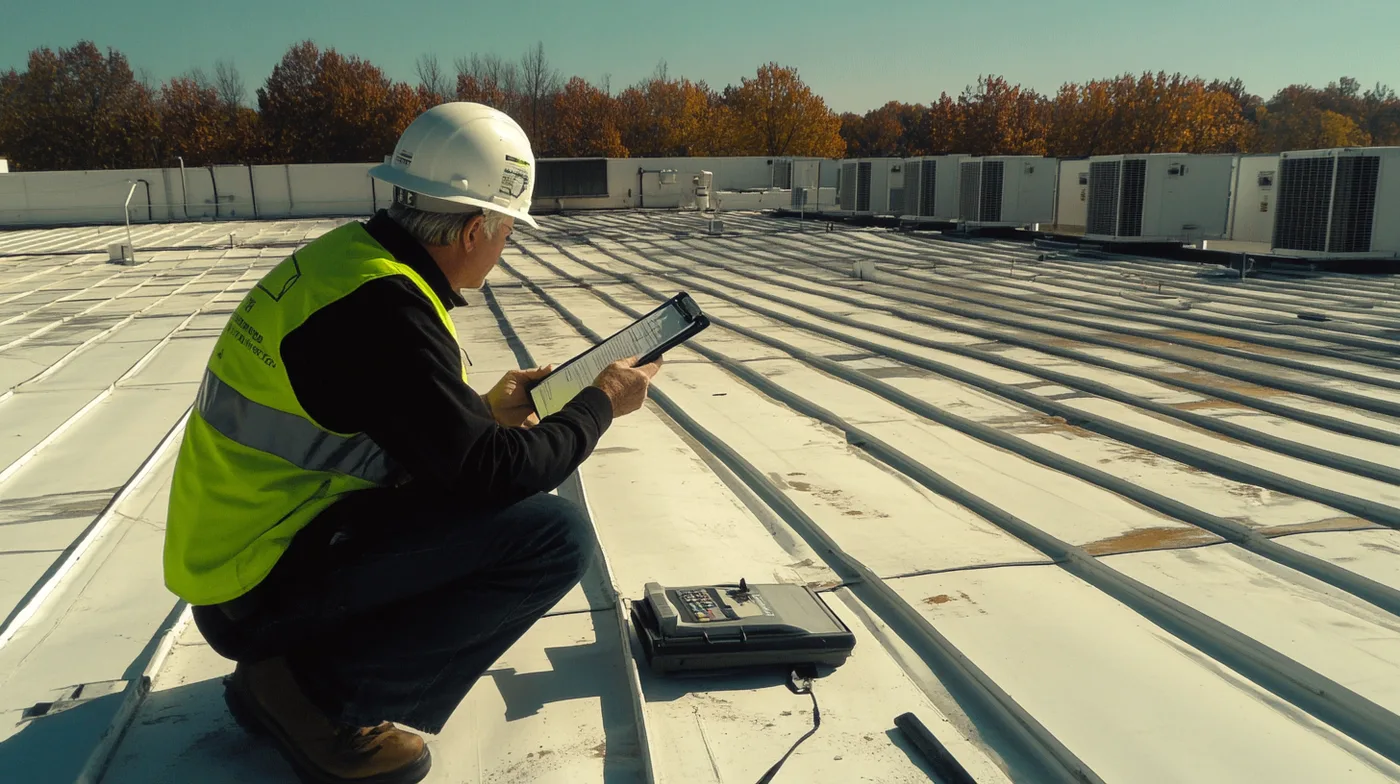 Inspector on commercial flat roof with HVAC units documenting condition for maintenance program