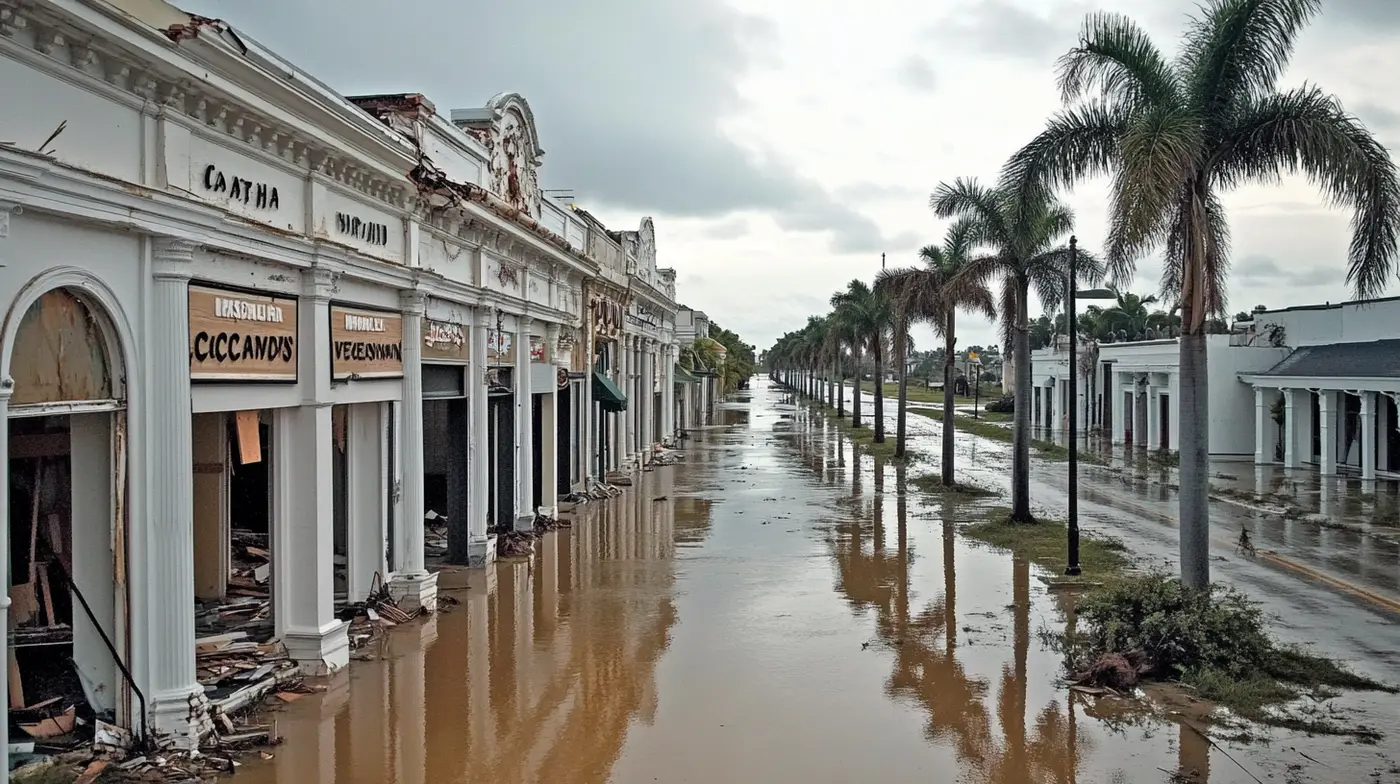 Insurance adjuster standing in floodwater assessing commercial property damage after coastal storm