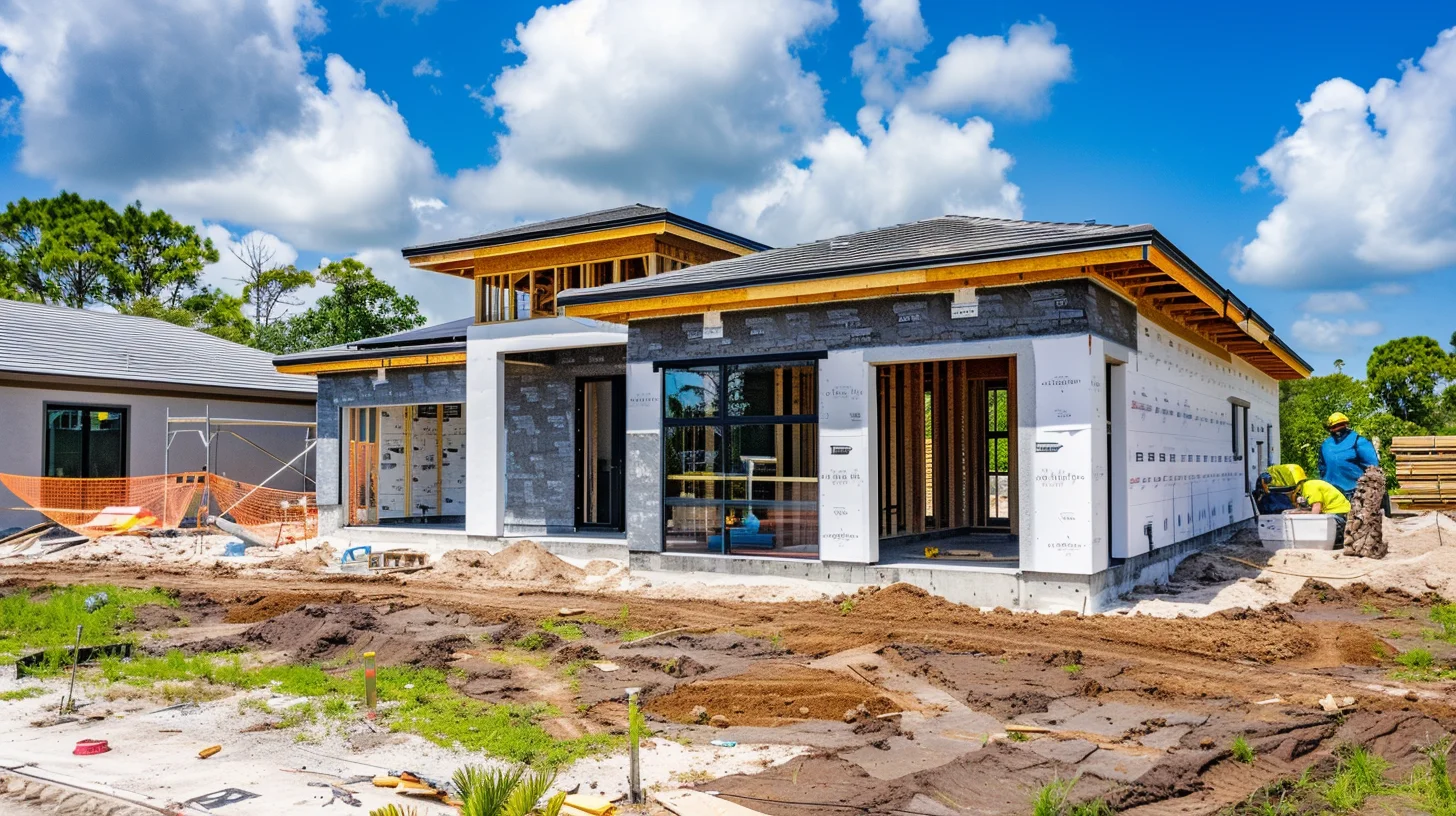 Modern Florida home under construction with building permit