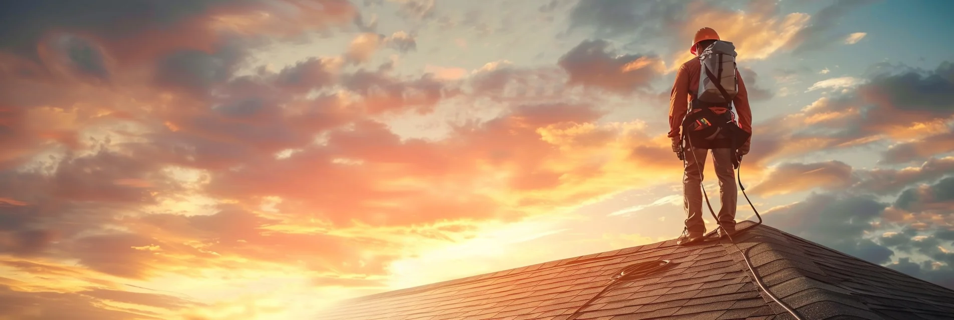 Licensed roofer inspecting a coastal home at sunset