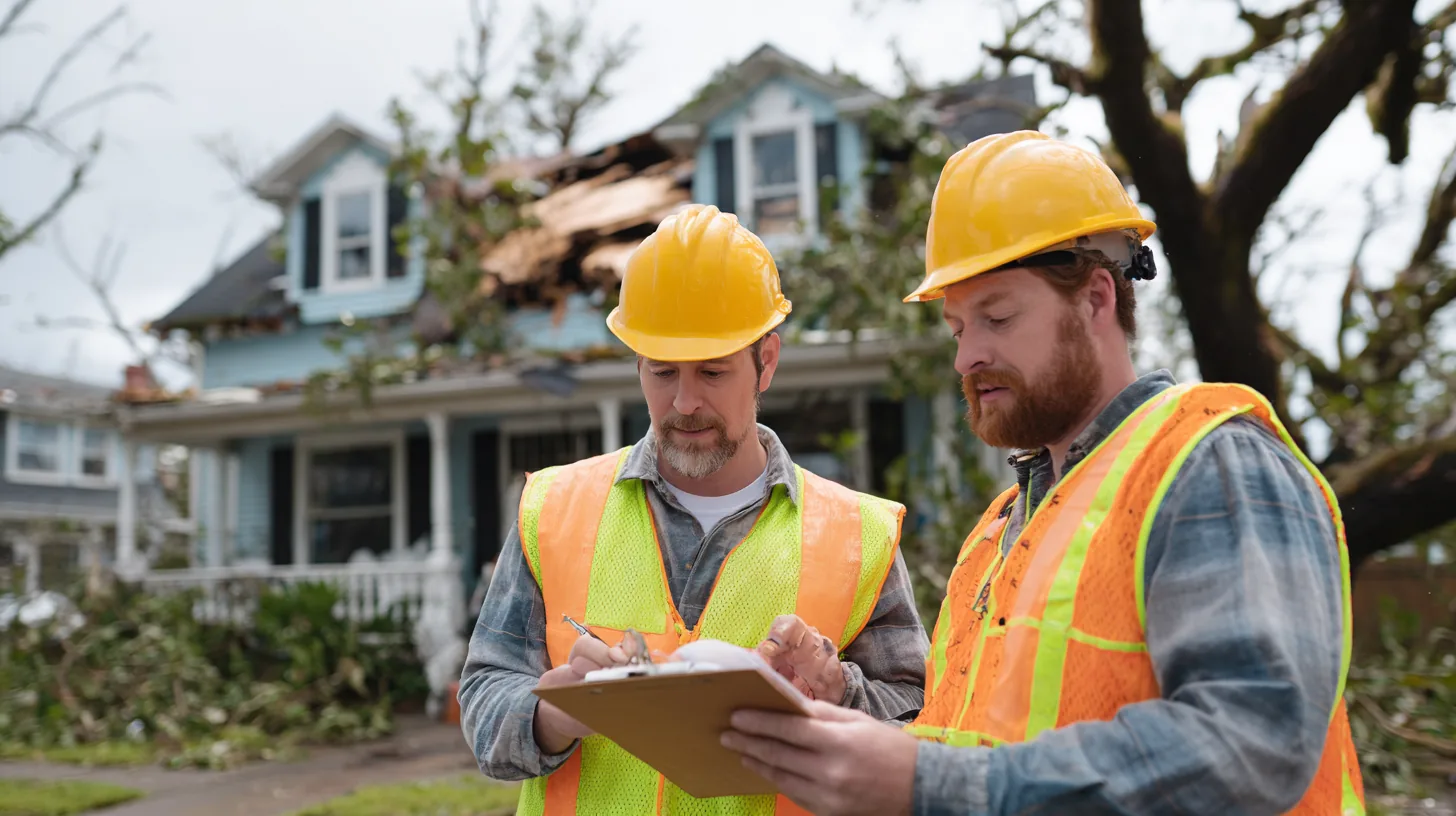 Homeowner and contractor reviewing roof damage documentation