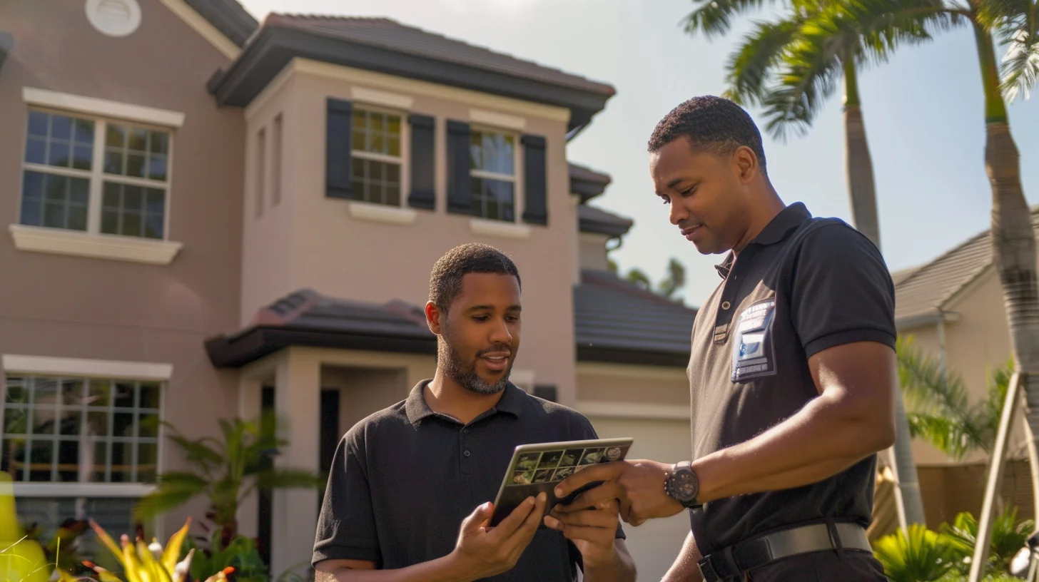 Licensed roofing contractors reviewing inspection results