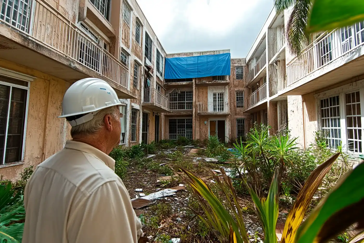 Inspector assessing multi-family coastal condominium storm damage