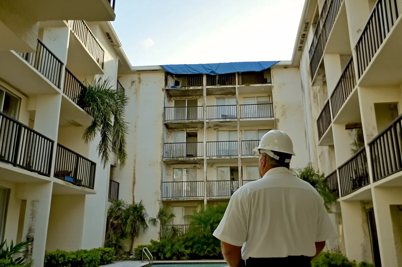 Mid-rise coastal condominium building exterior with hurricane damage visible