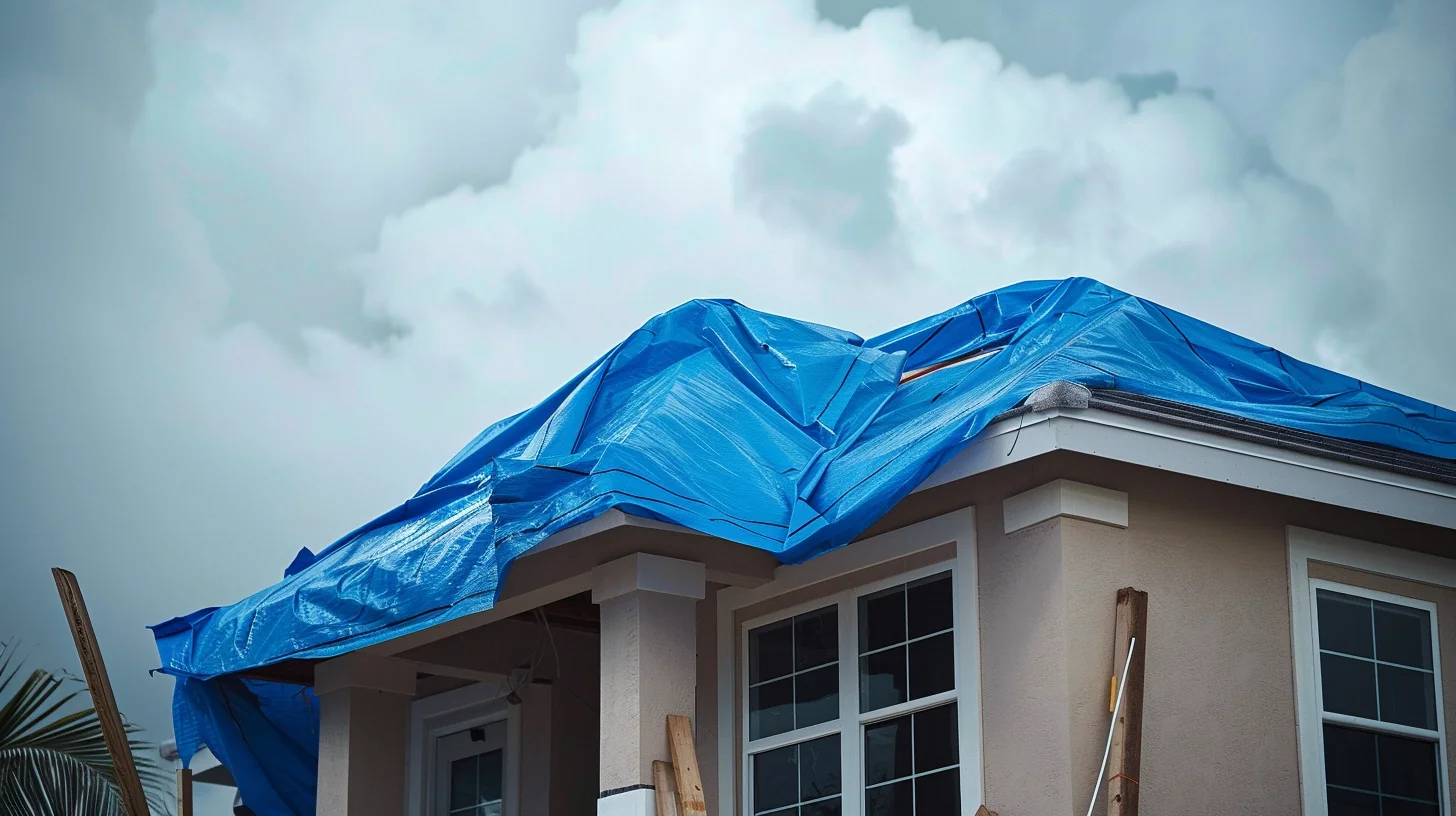 Emergency tarp installation on damaged roof