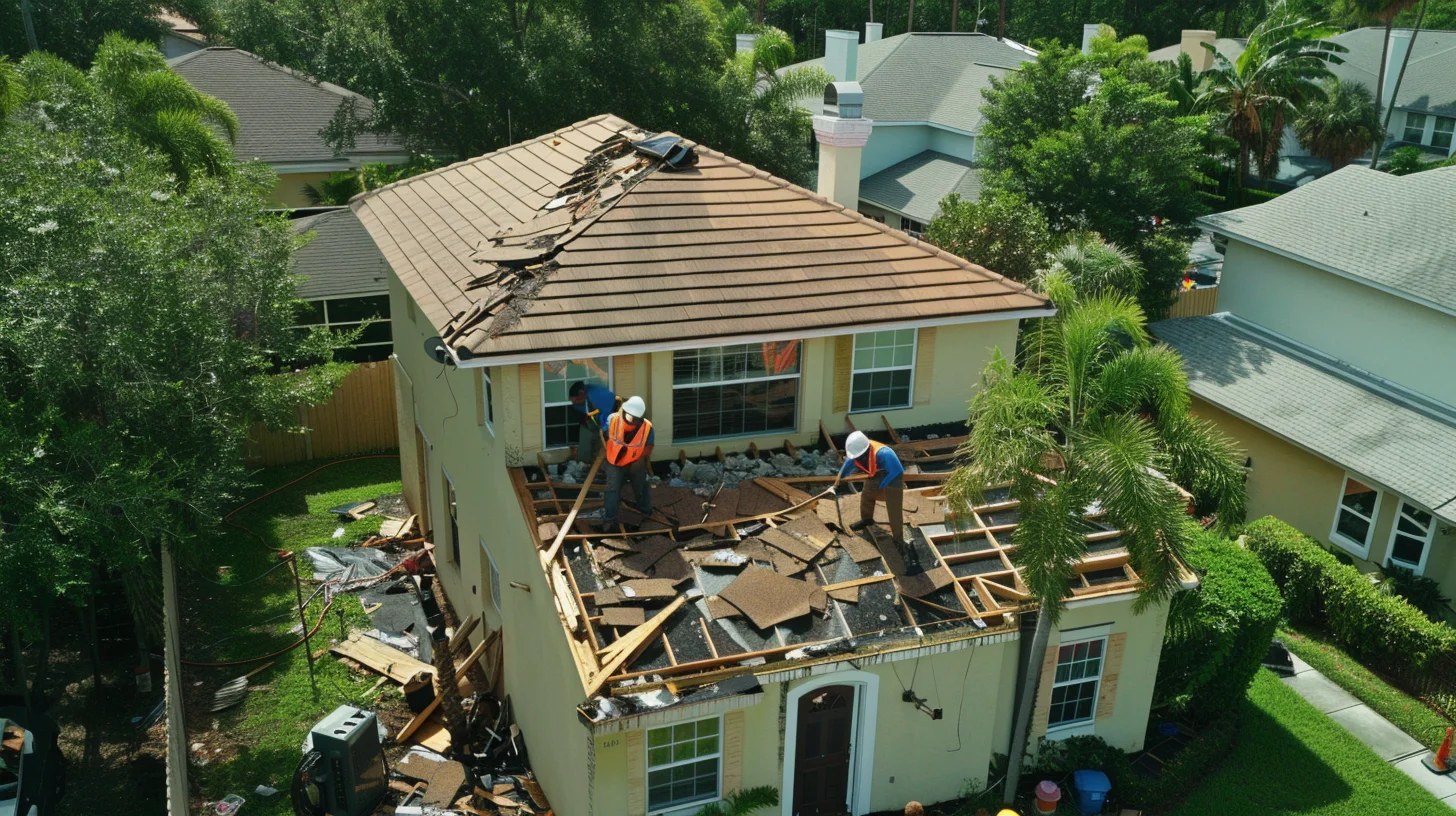 Professional roofing crew assessing storm damage